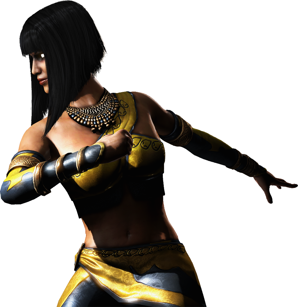 Render of Tanya from Mortal Kombat XL leaning isdeways with one arm stretched. 