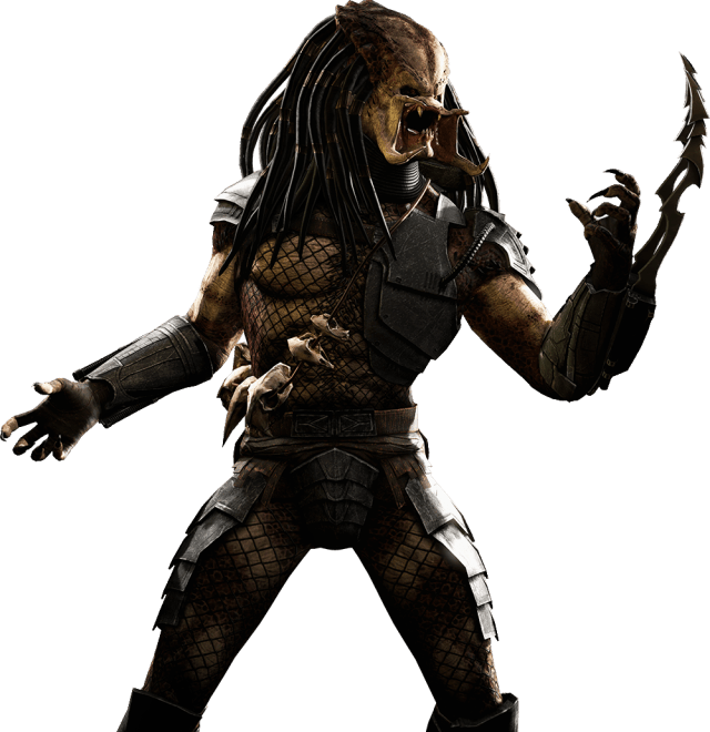 Mortal Kombat XL render of an unmasked Predator holding his arm and blade up. 