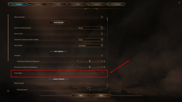 Options screen in Baldur's Gate 3 with the Cross-Save option highlighted.