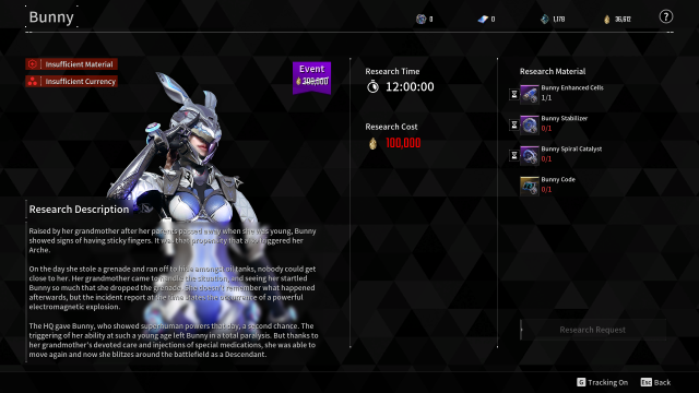 Menu showing Bunny character in The First Descendant