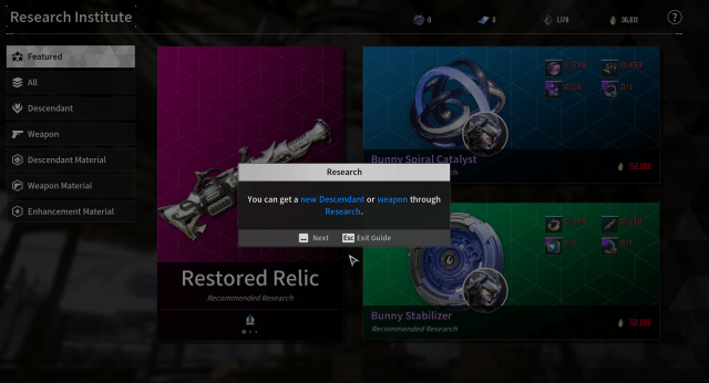 Research menu with a Restored Relic in the background.