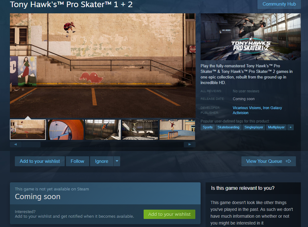 Tony Hawk’s Pro Skater 1 + 2 store page on Steam.