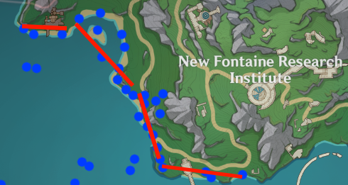 Map showing Lumitoile in blue dots and a farming route.