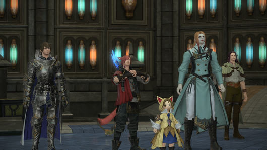 Screenshot showing a team of Lalafell, Mi'qote and other characters.