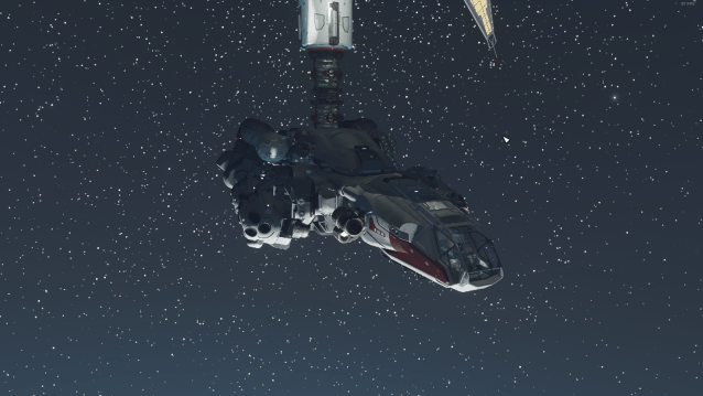 The Frontier, the starter ship in Starfield, currently docked to an airlock at The Eye.