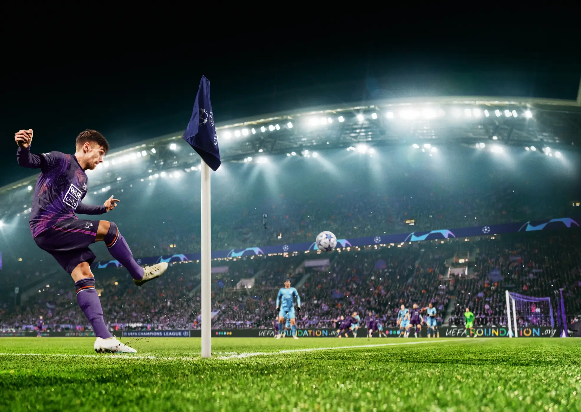 A player crosses the ball into a box from a corner in a promotional image for Football Manager 2024.