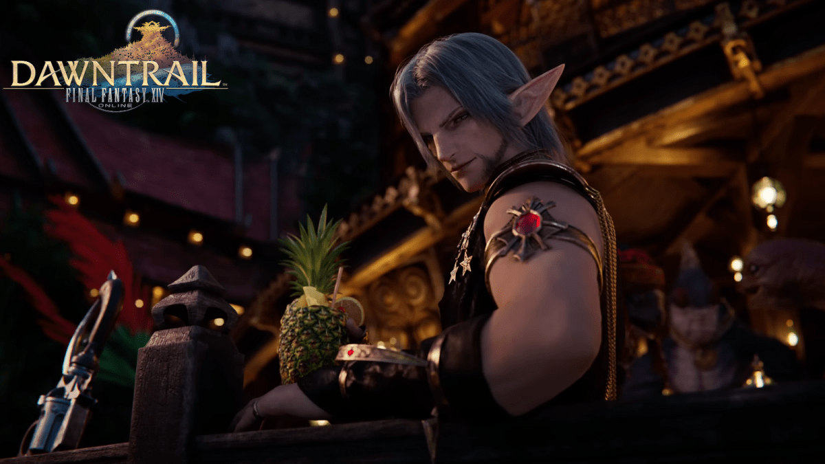 Urianger looking behind him in a bar in Final Fantasy.