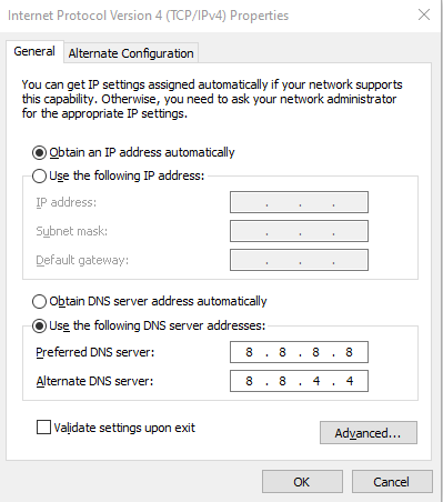 An image of Windows' Internet Protocol Version 4 Properities settings. Use the following DNS server addresses,