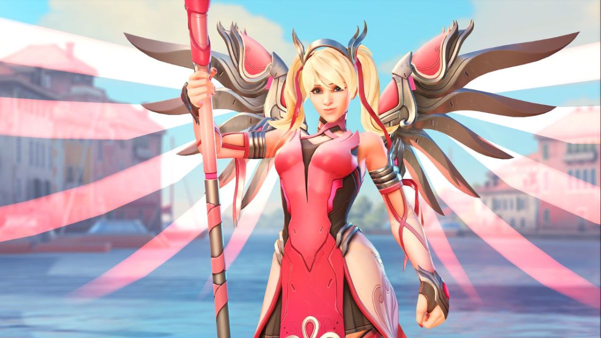 Woman wearing pink angel outfit in Overwatch