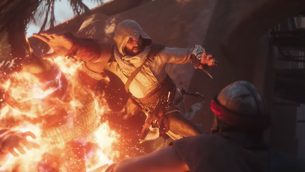 An assassin leaps over flames with their blade drawn, attacking an enemy in a street Assassin's Creed Mirage.