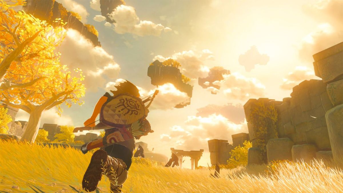 Man running with shield on his back in the sunlight in Zelda: TotK