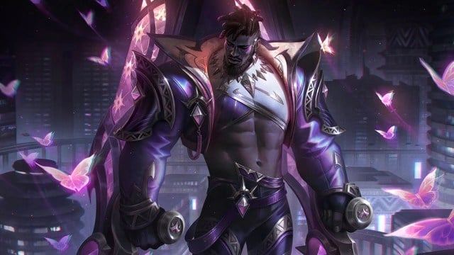Prestige Empyrean K'Sante stands with his Ntofo weapons in his hands in League of Legends.