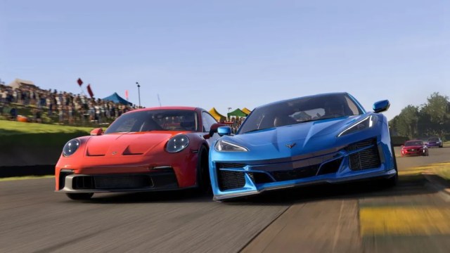 A Porsche and a Corvette battle on track in Forza Motorsport.
