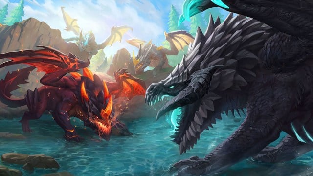 Dragons of different colors clash and battle on Summoner's Rift in League of Legends.
