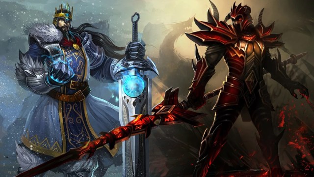 Tryndamere (left), wearing winter garments and holding a giant silver sword, stands next to Jarvan IV (right), in red armor, wielding a sharp red spear in League of Legends.