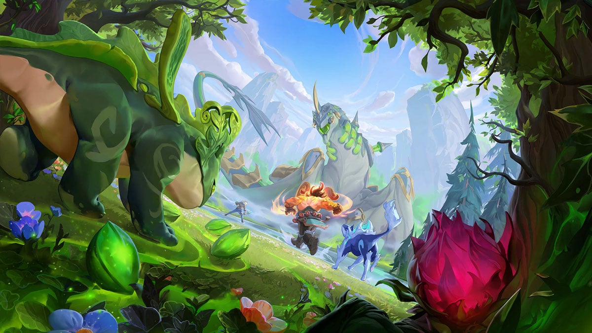 Three small jungle pets each of different colors frolic in the jungle while a champion runs down a lane on Summoner's Rift in League of Legends.