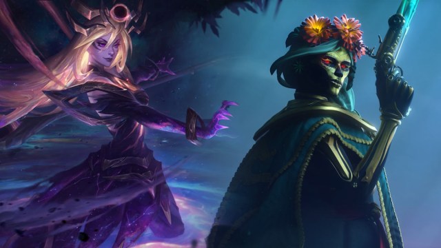 Lux (left) from League of Legends, glowing purple and pink, holding out her hand to cast a spell while Muerta (right), stands shrouded and holding a pistol in Dota 2.