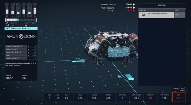 The ship customization interface in Starfield.