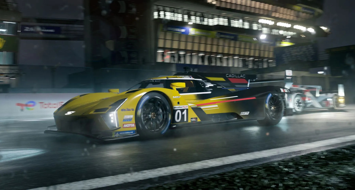 A yellow Cadillac in Forza Motorsport races in the dark on a wet track.