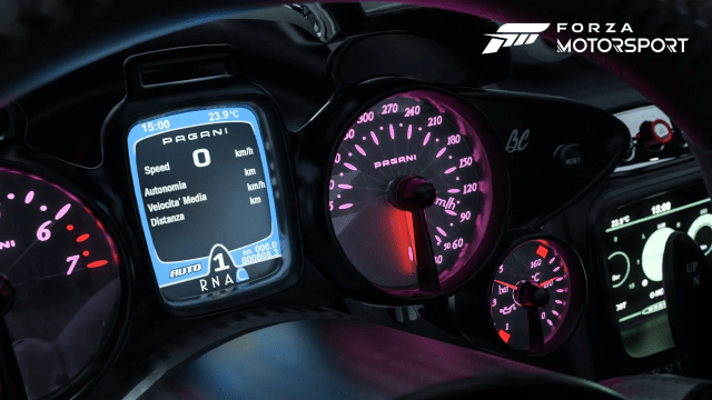 A closeup of a Pagani car dashboard with blue and pink lights. The Forza Motorsport logo is on the upper right conner of the image.