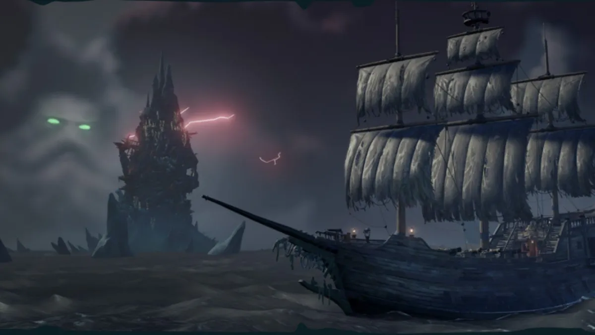 Two ships in a storm in Sea of Thieves.
