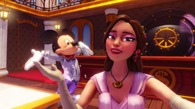 The player taking a selfie with Mickey Mouse inside Scrooge McDuck's store.