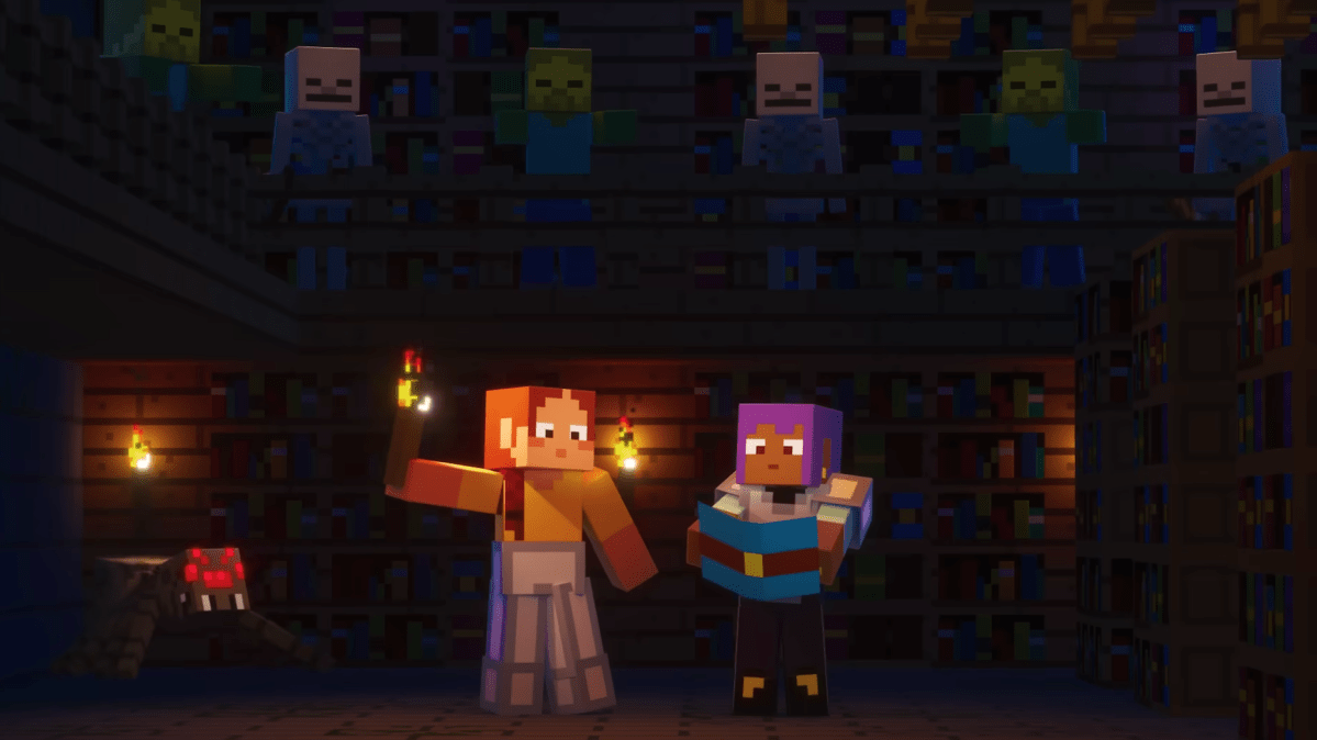 Two Minecraft characters standing in a dark area surrounded by mobs.