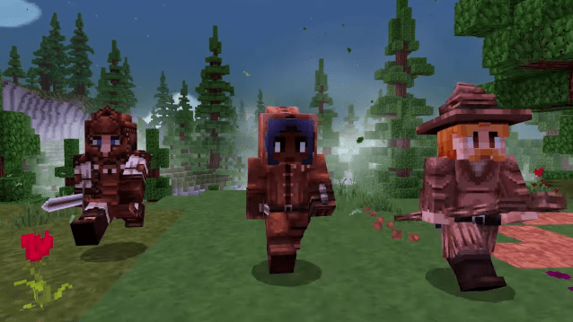 Three Minecraft D&D players running into battle. 