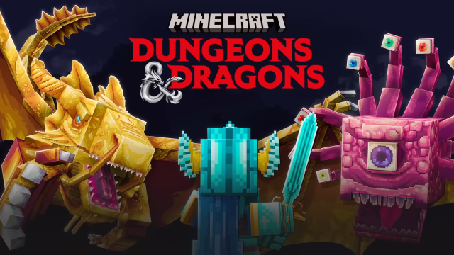 A player facing two monsters with the Minecraft and Dungeons & Dragons logo above them.