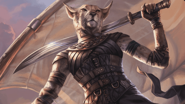 A cat woman holding a sword over her shoulder stands in leather armor in MtG's Weatherblight setting.