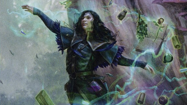 An Elven woman in black robes uses magic to levitate multiple ingredients, potions, and scrolls into the air in front of a cliff on a MtG card.