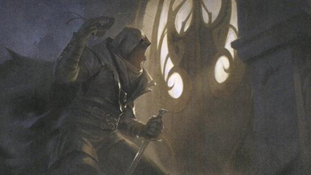 A ghostly figure wearing a hood and leather armor sits in front of a stained glass window on this MtG art.