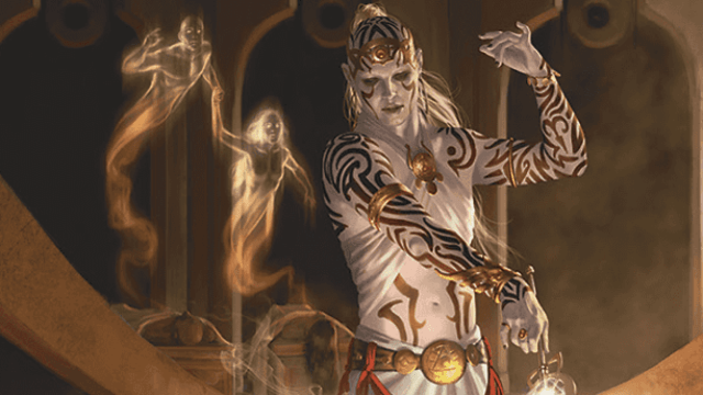 A white-skinned tattooed man performs a ritual with sand in MtG. A few ghostly spirits float behind him.