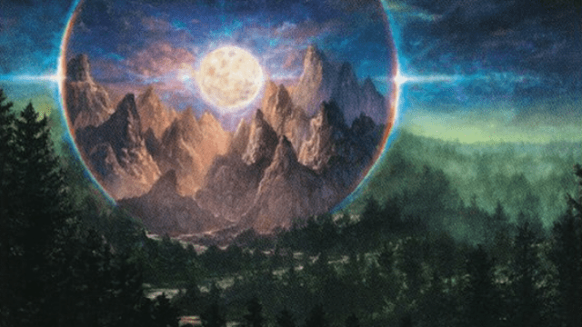 A full moon sits between mountains on a MtG Card. The mountains overlook a lush forest.