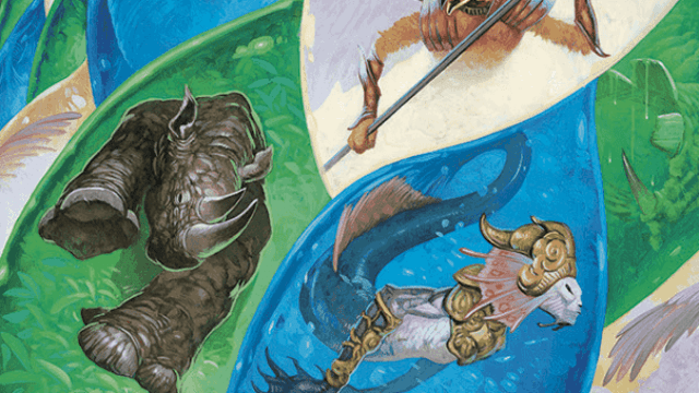 A series of animals show in multiple different colorful panels; a rhinoceros in green and a fish-like creature in blue in this MtG card.