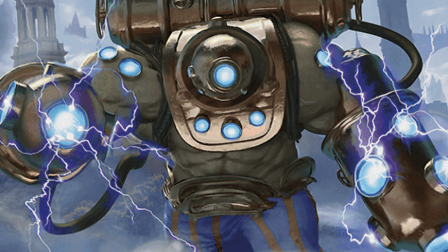 A massive man in an almost diving suit of armor walks towards the viewer. It is covered in blue portholes and electricity surges from its backpack to its fists on this MtG card.