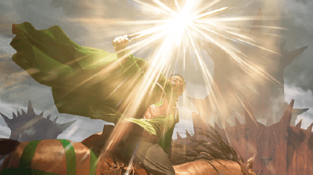 A cloaked man on horseback holds up his blade, a golden light emerging from it towards an unseen threat in MtG.