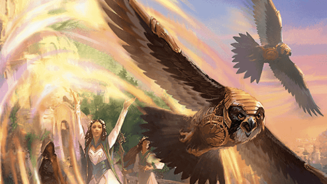 A group of hawks flee from a golden ring, presumably from their owners, as they scatter in MtG.