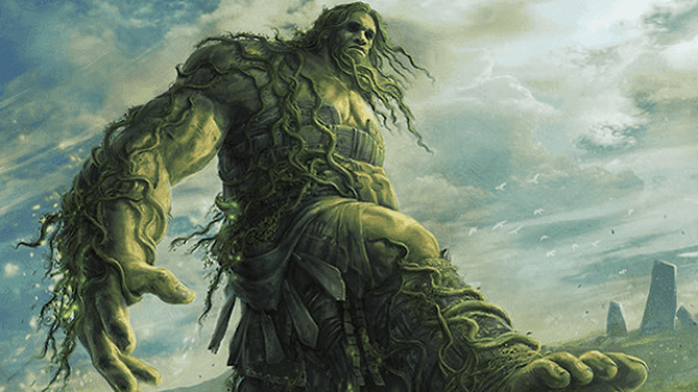 A hulking green humanoid figure, with green vines hanging off of it, walks along a green plain with a mountain in the background in MtG.