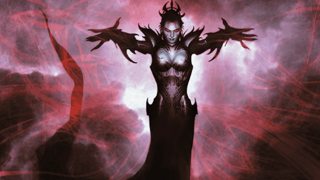 A woman wearing red and black holds out her hands, clouds of darkness moving towards the viewer in MtG.
