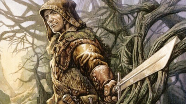 A rugged adventurer with a machete sits in front of a massive bramble on a MtG card.
