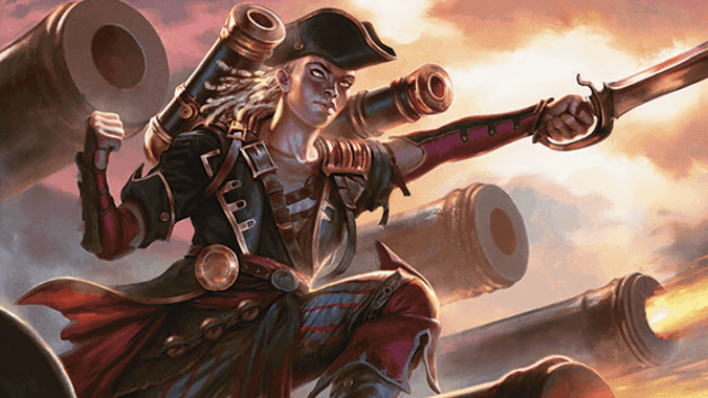 A braided-haired pirate woman from MtG in red garbs stands on top of a cannon, pointing her sword to the right. The background of the sky is covered in cannons.