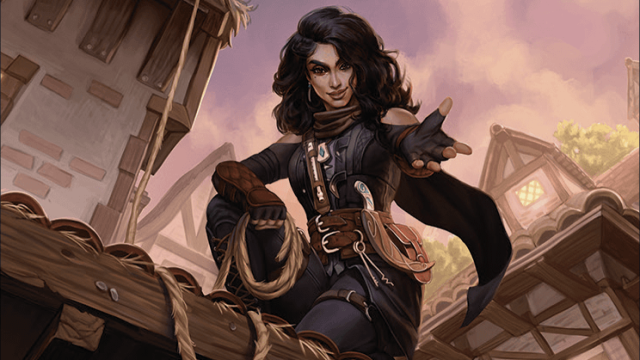 A woman in noble clothing and long hair sits on top of a ledge, holding her hand down towards the viewer. She is in a small, village-like town in MtG.