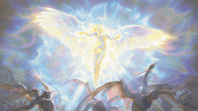 An angel in armor glows with yellow radiance, causing nearby winged monstersto flee in MtG.