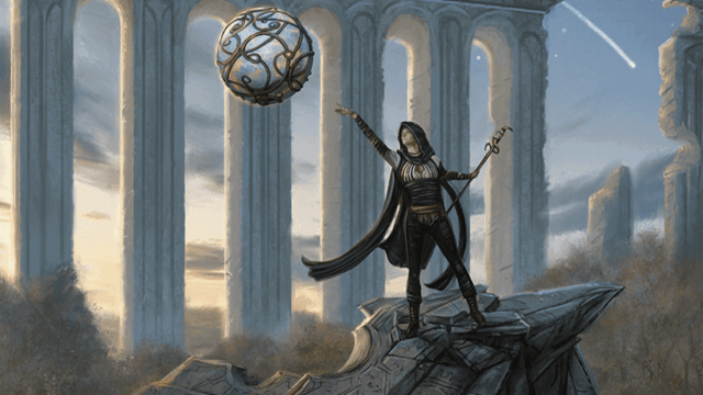 A long-haired woman levitates a clockwork sphere in front of the ruins of an area in MtG.