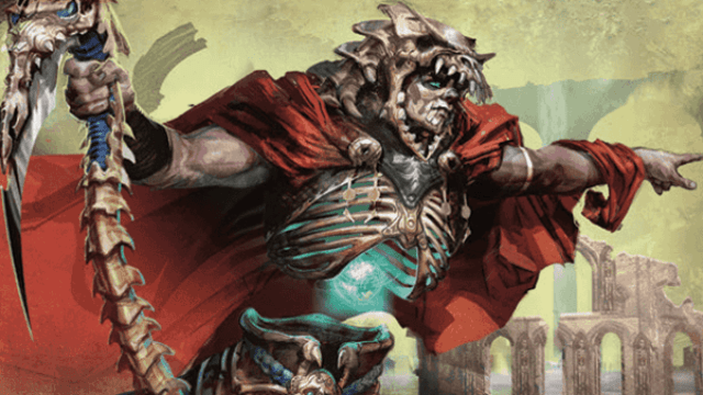 A MtG skeletal man wielding a bone scythe points towards the right. His stomach is a blue core and he wears a red cape and bone helmet.