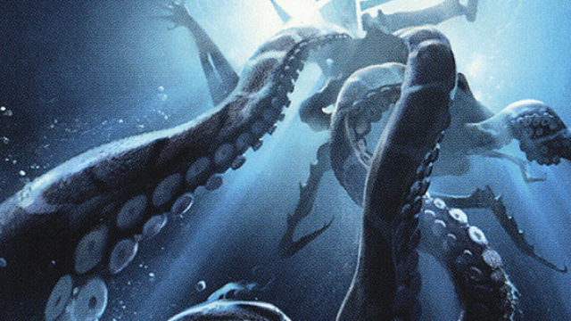 A series of gigantic tentacles rise from the depths of the ocean, targeting a small ship in MtG.
