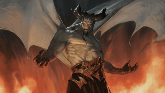 A MTG demon, with wings, white skin, and brown horns, stands in a fiery hellscape.