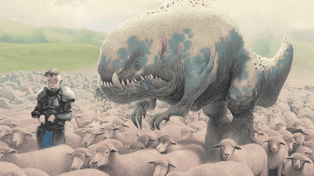 An armored man stands in a field of sheep, one of the sheep having turned into a large, dinosaur-like creature in MtG.