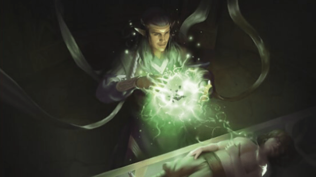 An elven man in a dark room sits above a body in MtG. In his hands is an orb of green energy, presumably used to heal the prone body.